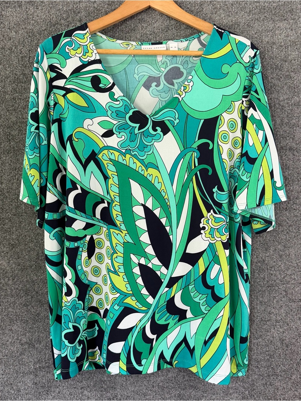 Susan Graver Womens XL Top Liquid Knit Green Floral Paisley V-Neck Short Sleeve